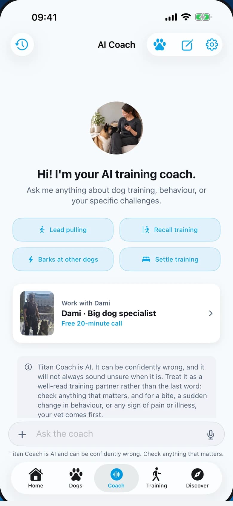 The AI Coach screen with quick questions and a link to work with Dami