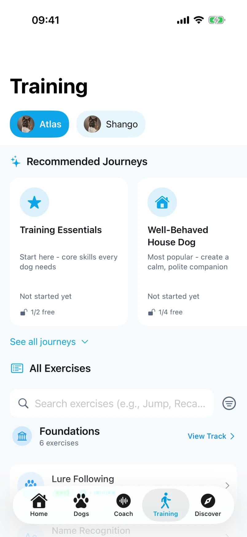 The Training screen with recommended journeys and the exercise library