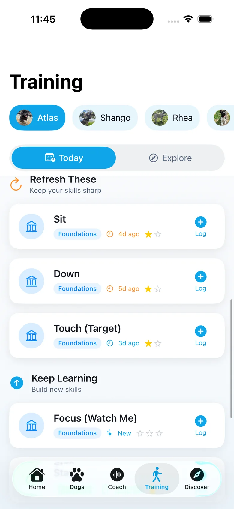 The Training tab: today's exercises for Atlas, with what needs a refresh and what comes next