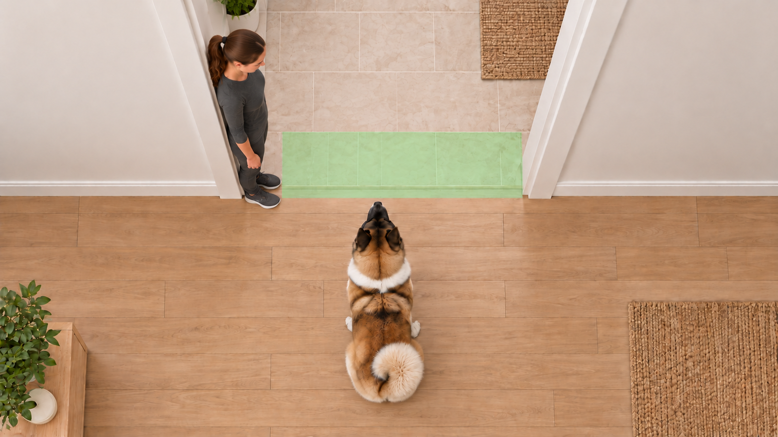 The same hallway: handler turned side-on, doorway open, dog sitting and looking up at her