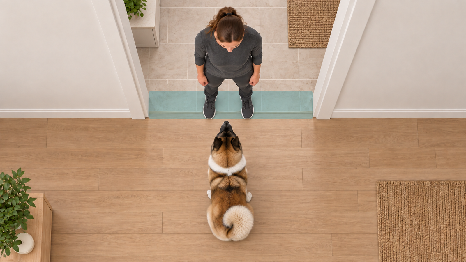 Overhead view of a hallway: the handler has stepped into the doorway gap, facing the dog, who has stopped a pace short